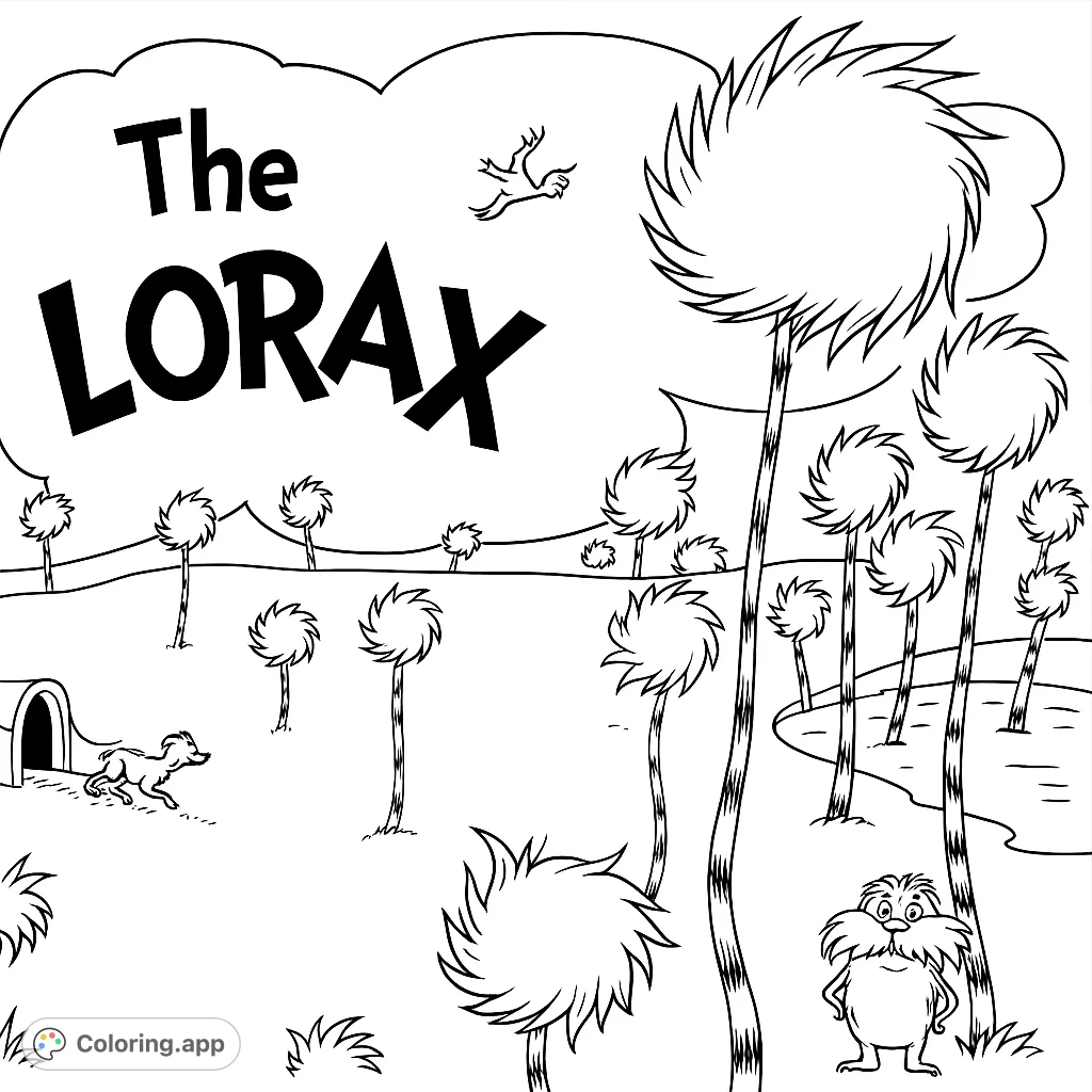 Explore a whimsical landscape filled with unique Truffula Trees, a winding river, and playful creatures. A delightful scene for all ages.