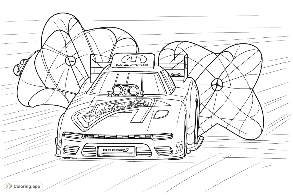 Experience the thrill of drag racing with this detailed coloring page featuring a powerful dragster deploying its parachutes on the track.