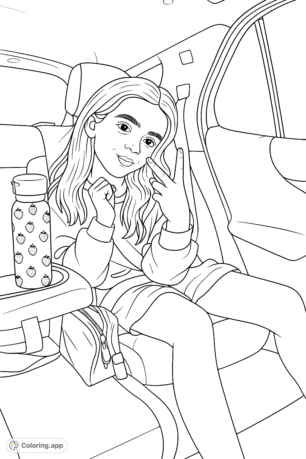 A cheerful girl flashes a peace sign from the car's backseat, ready for adventure. Features a patterned water bottle and car interior details.