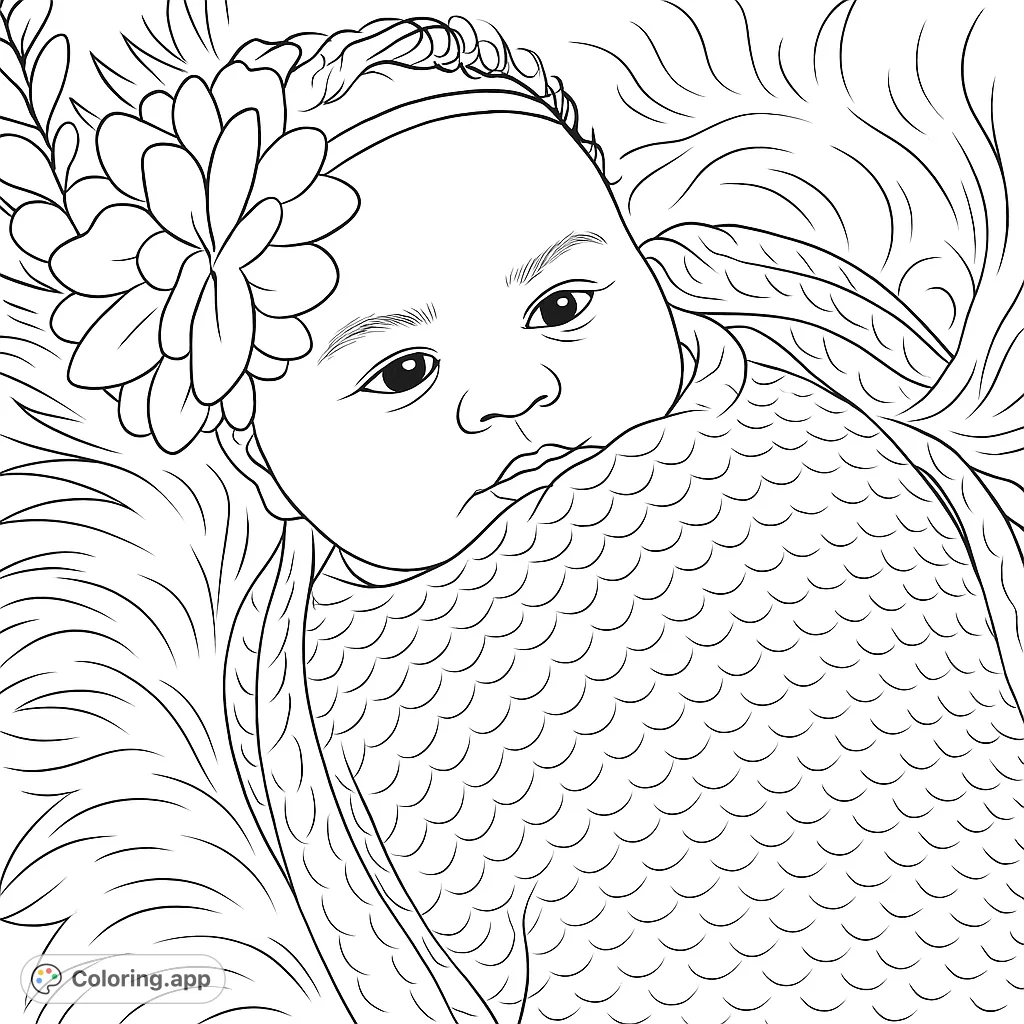 A heartwarming newborn baby portrait, wrapped in a textured blanket with a beautiful floral headband, resting on a soft, fluffy surface. Perfect for celebrating new life.