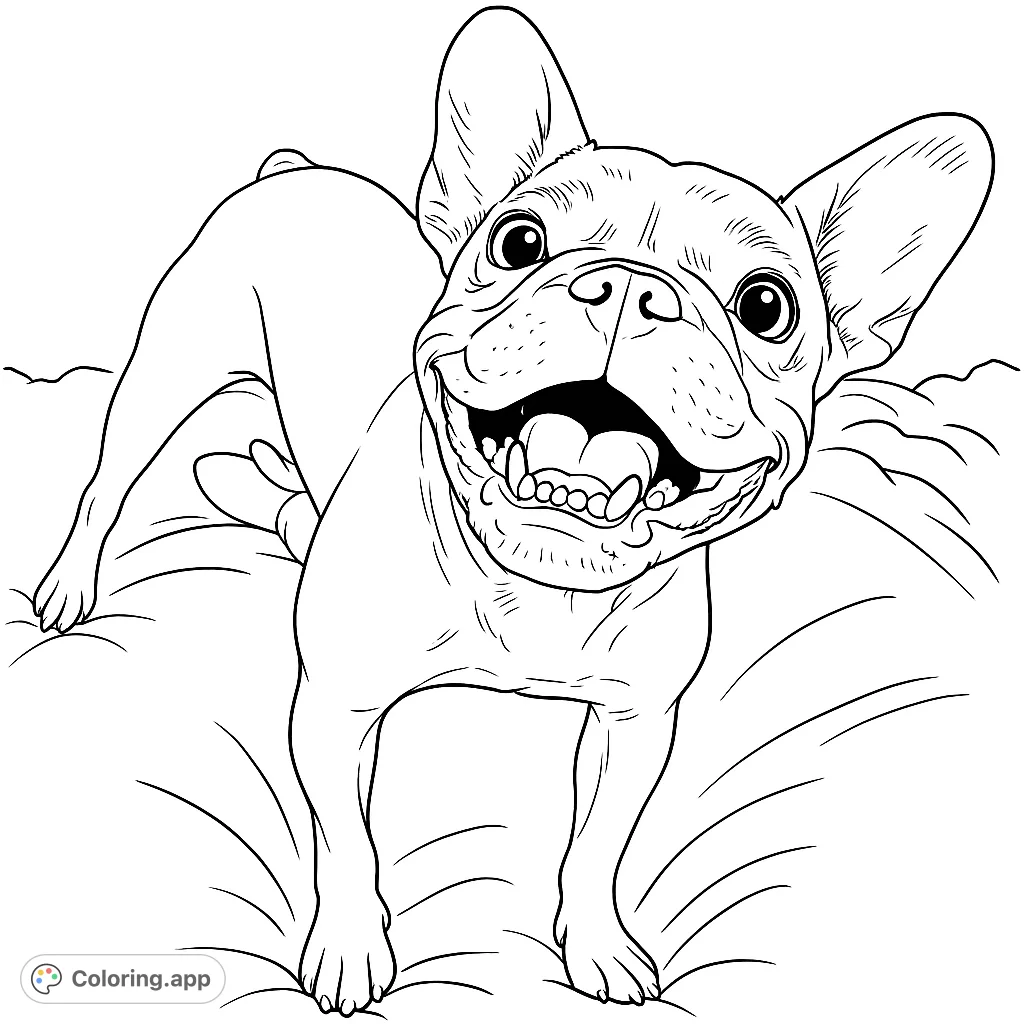 A cheerful French Bulldog with a wide smile and perked ears, ready for fun. A delightful free printable dog coloring page for all ages.