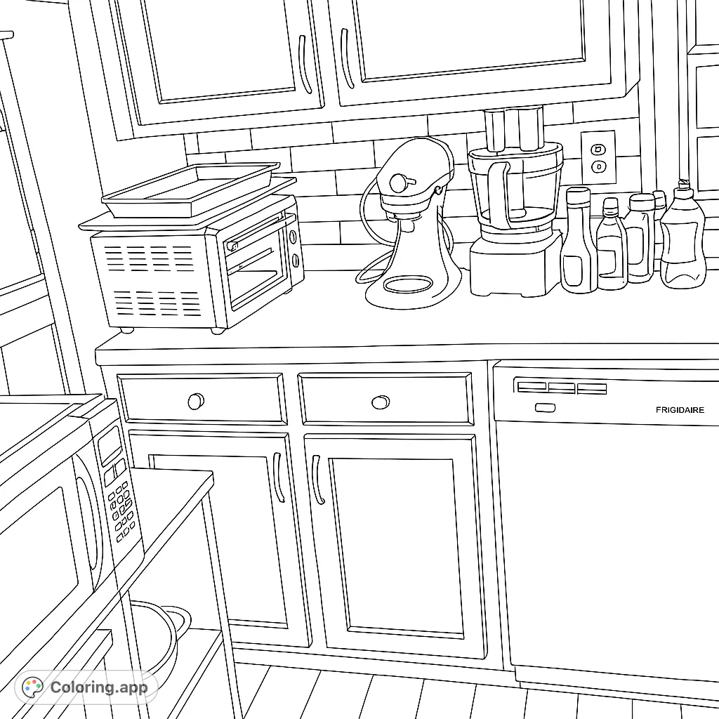 Explore a detailed kitchen scene with various appliances and household items, perfect for a realistic kitchen appliances coloring page.