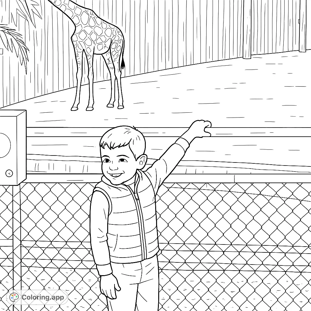 A cheerful boy smiles at the zoo, with a majestic giraffe in the background. A delightful animal encounter coloring page for all ages.
