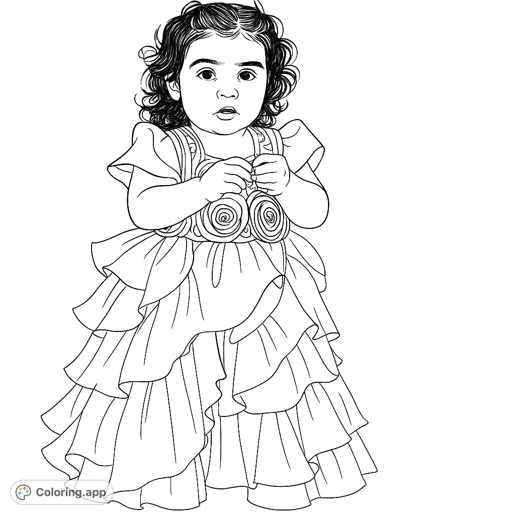 A charming little child in a beautiful ruffled gown with floral details, ready for a grand occasion. Perfect for young artists to personalize.