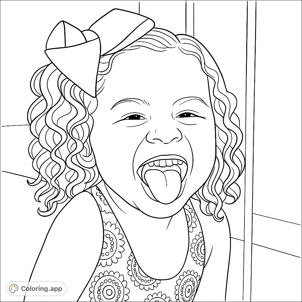 Capture the joy of childhood with this playful coloring page featuring a child making a funny face, tongue out, and a big bow. Perfect for smiles!