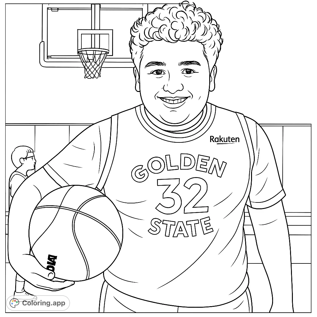 A cheerful young basketball player holds a ball on the court, ready for action. Perfect for sports fans to color and personalize their favorite team's look.