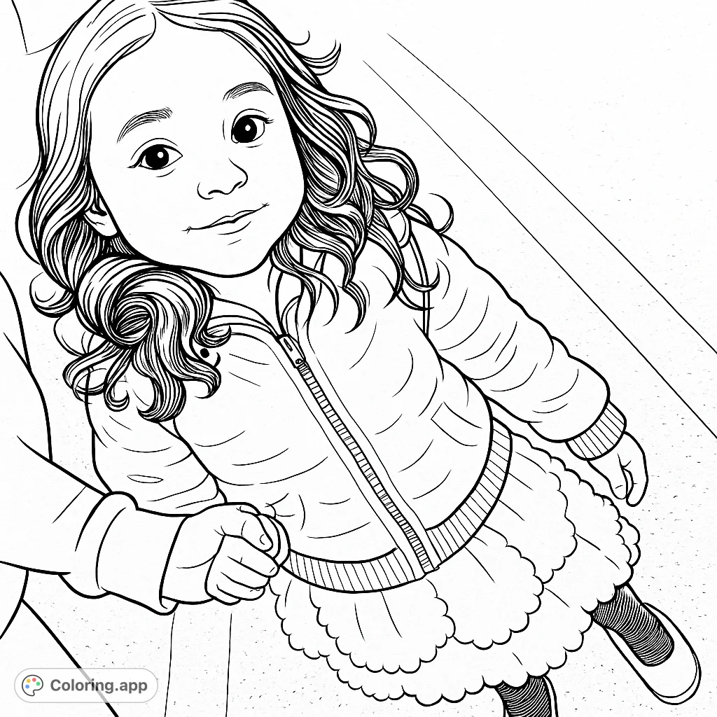 A charming young girl with a sweet smile, holding an adult's hand, ready for adventure. Features a textured jacket and fluffy skirt, perfect for creative coloring.