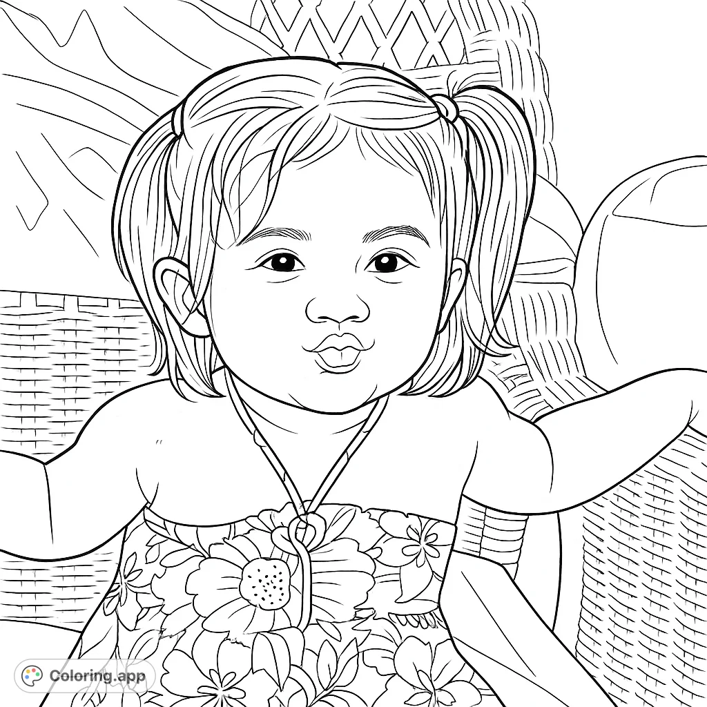 A delightful baby with pigtails makes a sweet kissing face, wearing a floral dress in a wicker chair. A charming baby coloring page for kids.
