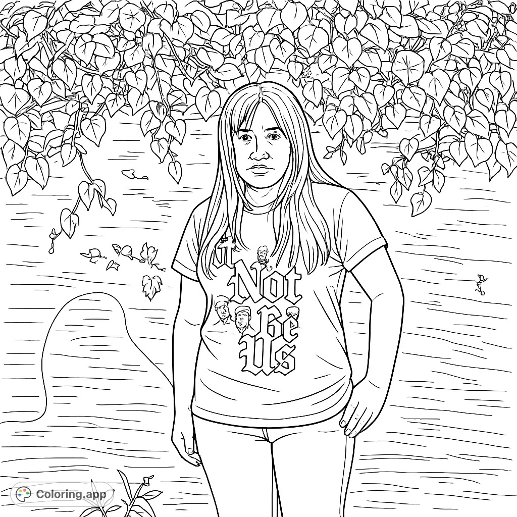 A captivating coloring page featuring a young person standing casually against a textured wall adorned with lush vines and delicate bell-shaped flowers.