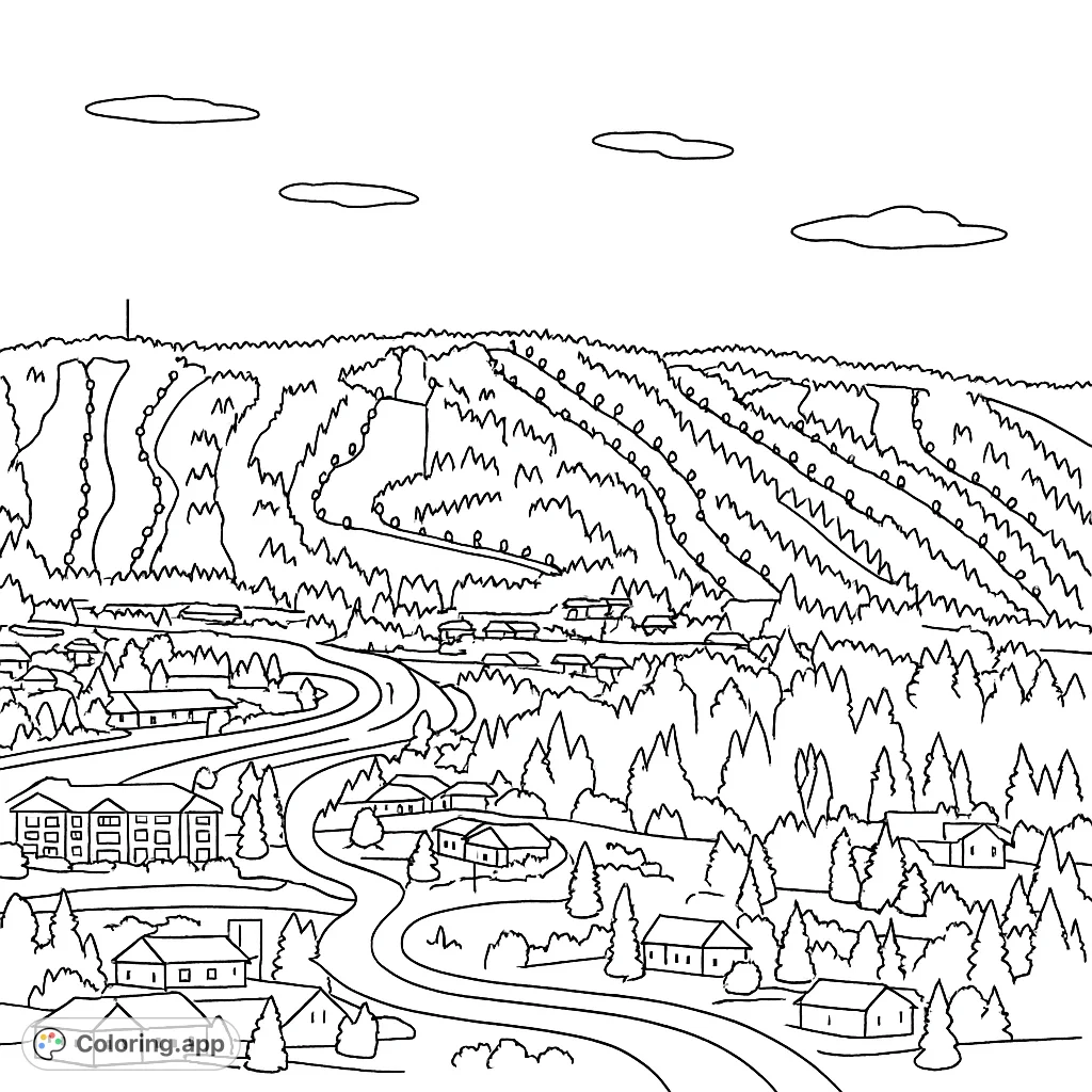 Explore a detailed winter mountain resort coloring page, featuring snowy slopes, a charming village, and winding roads under a vast sky.