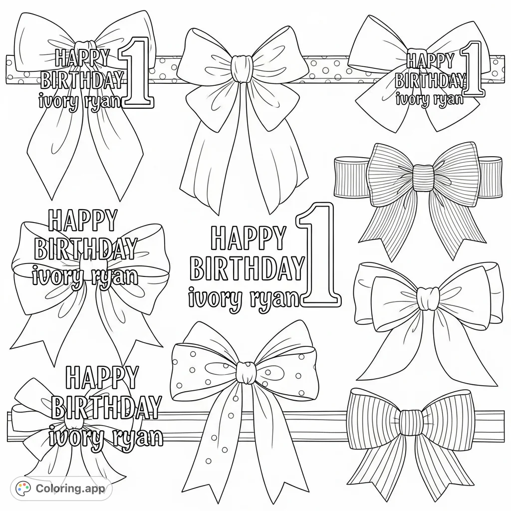 Celebrate a special day with this festive birthday ribbon bows coloring page, featuring personalized text "HAPPY BIRTHDAY ivory ryan" and the number 1.