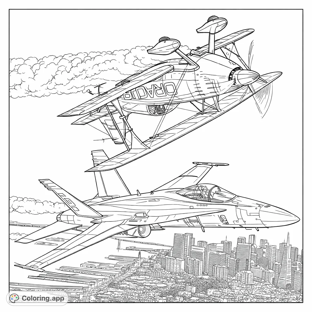 Soar above a bustling cityscape with this detailed coloring page featuring a high-performance biplane and a modern jet aircraft in an aerial display.