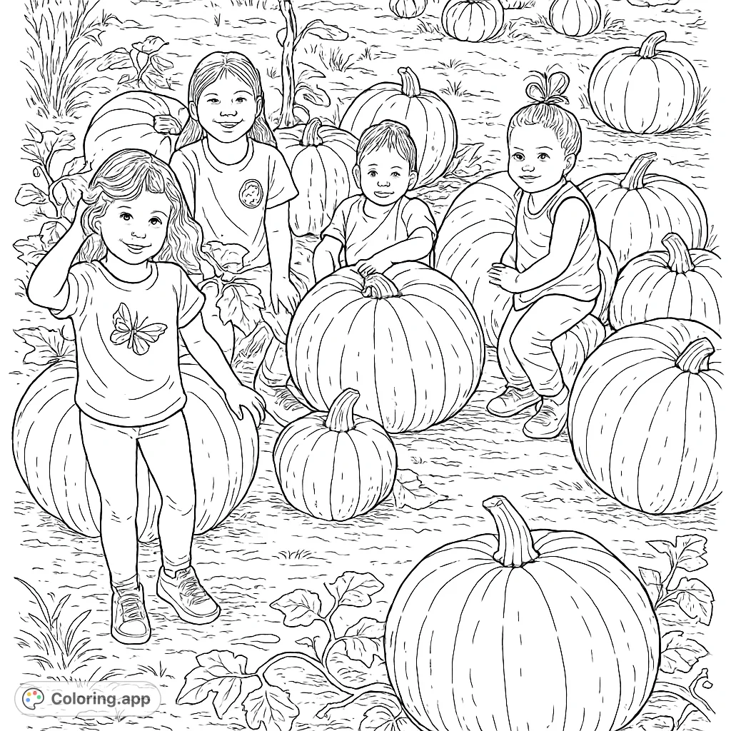 A delightful autumn coloring page featuring children playing among abundant pumpkins in a harvest field. A free printable pumpkin patch coloring page for kids!