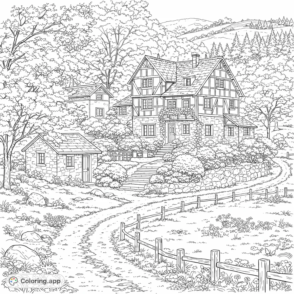 Explore a delightful village spring landscape coloring page featuring a grand stone house, abundant blossoming trees, a winding path, and intricate floral gardens.