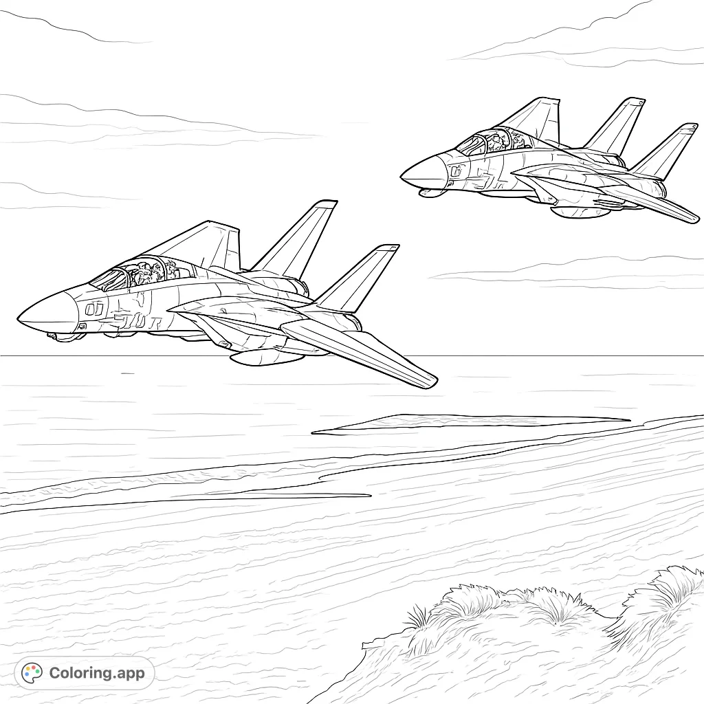 Soar with powerful fighter jets patrolling a vast coastline. An intricate scene of aerial might over a sandy beach, perfect for detail-oriented colorists.