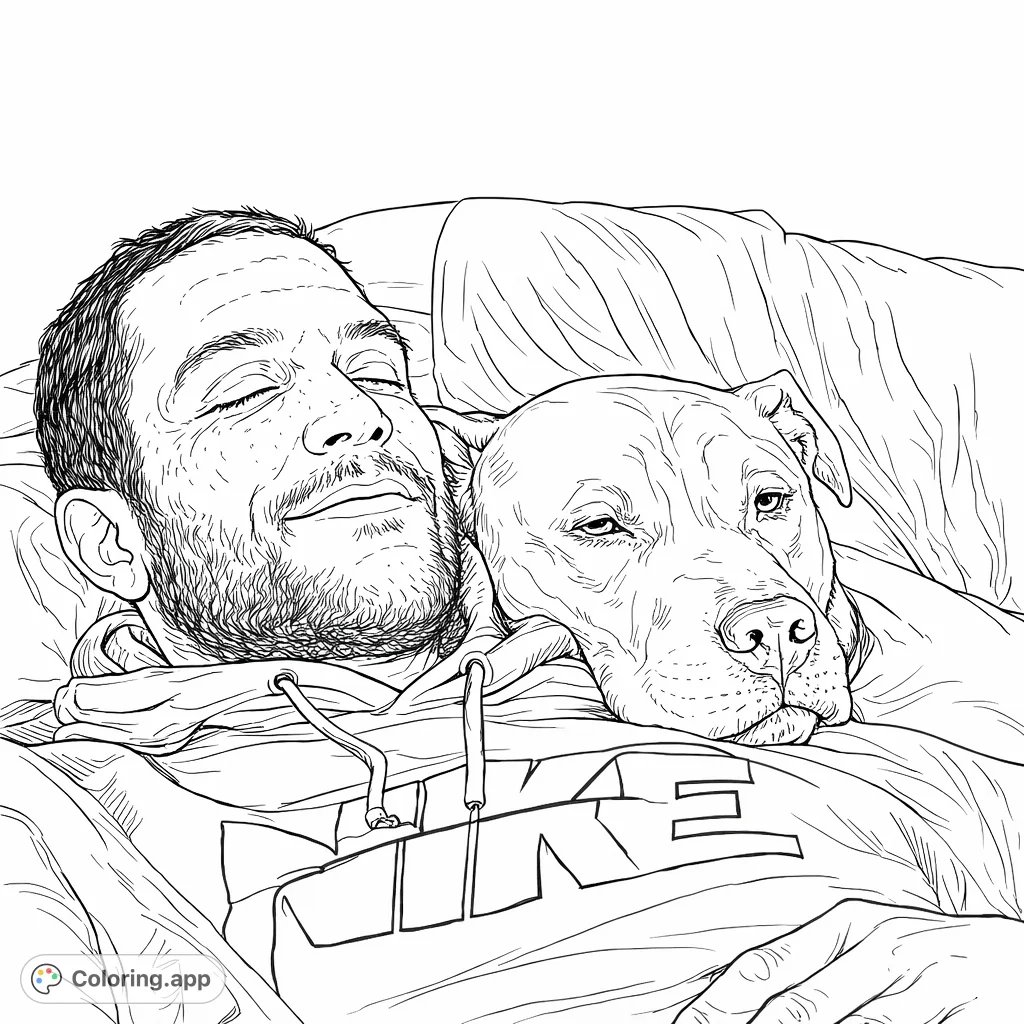 Capture the heartwarming bond between a man and his loyal dog, cozily lounging together. A realistic depiction for a touching coloring experience.