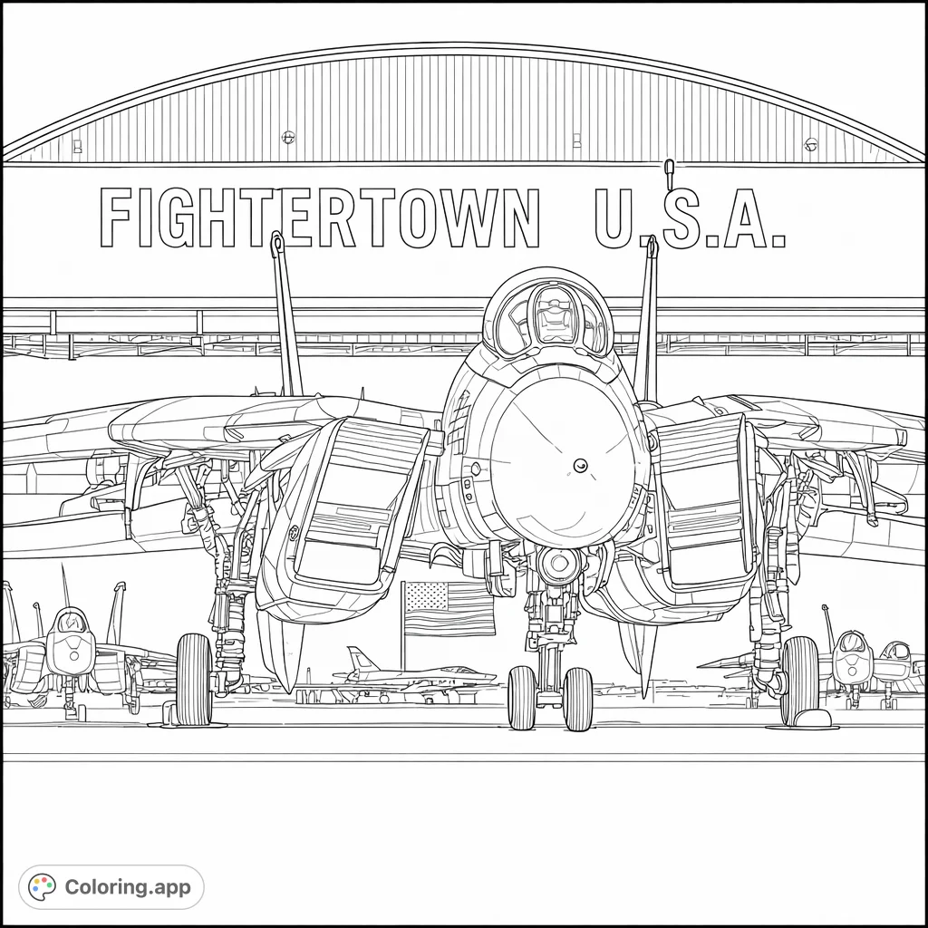 Soar into creativity with this detailed fighter jet coloring page. Featuring a powerful F-14 Tomcat and a bustling hangar, perfect for aviation enthusiasts.