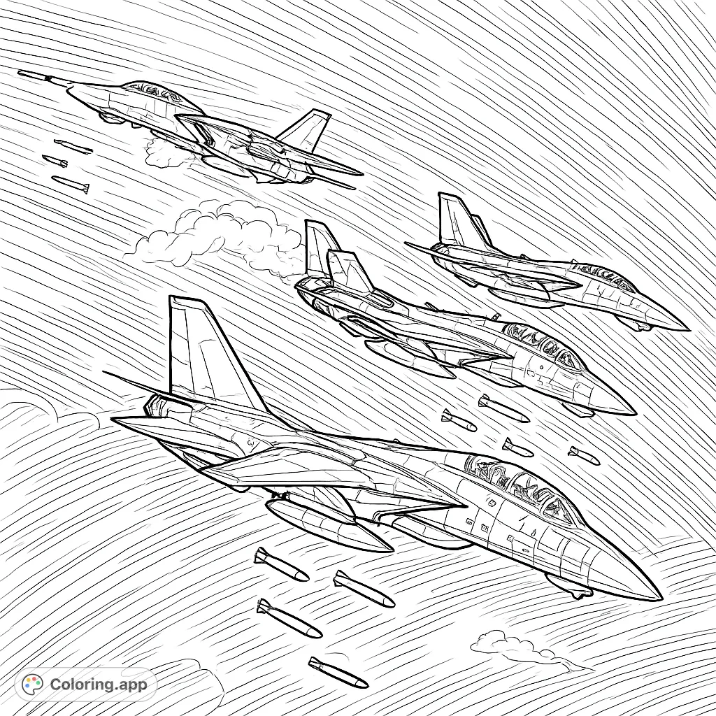 Experience the thrill of fighter jets in action, dropping ordnance over a vast landscape. A detailed military aircraft coloring page for enthusiasts.
