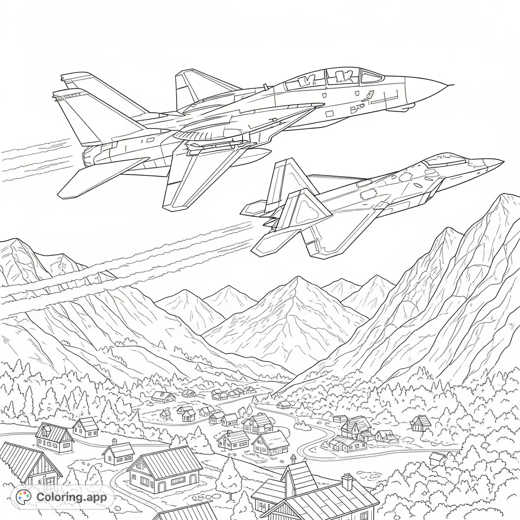 Dynamic F-14 Tomcat and F-22 Raptor fighter jets soar low over a serene mountain village, afterburners blazing. A thrilling aviation scene for all ages.