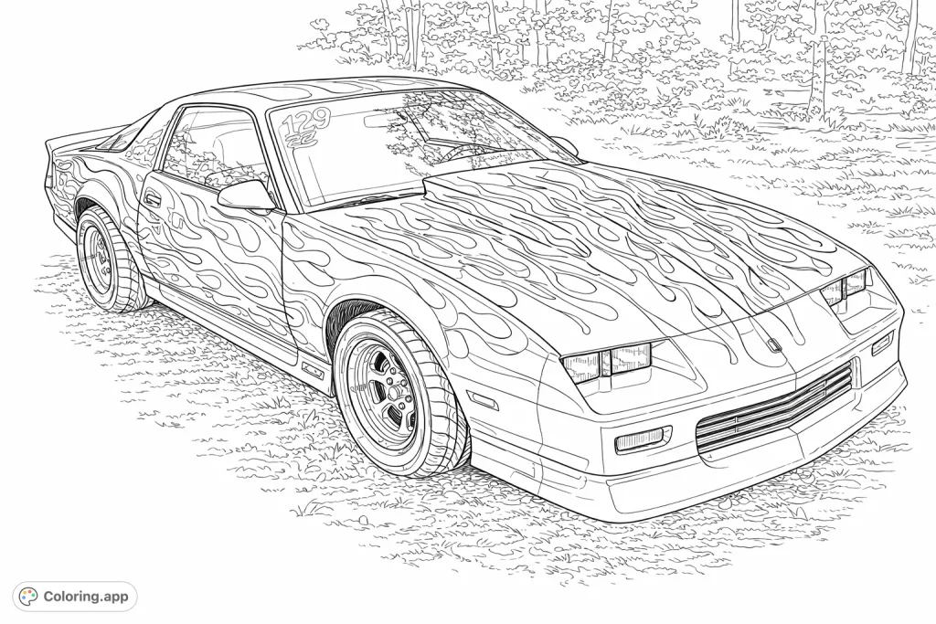 Ignite your creativity with this custom muscle car coloring page, featuring bold flame patterns and intricate vehicle details for a challenging and exciting experience.