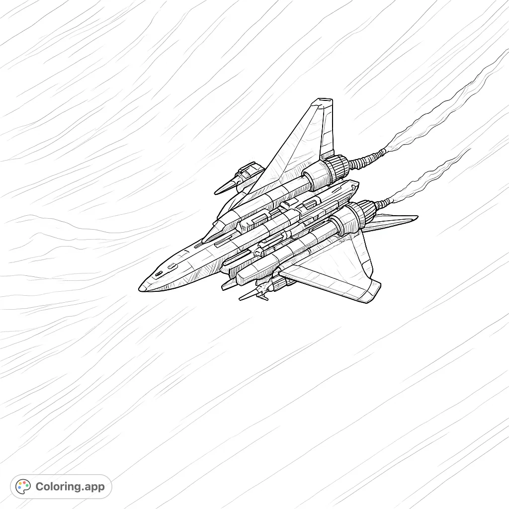 Soar through the skies with this intricate futuristic jet coloring page. Featuring sleek lines, powerful engines, and detailed weaponry for advanced colorists.