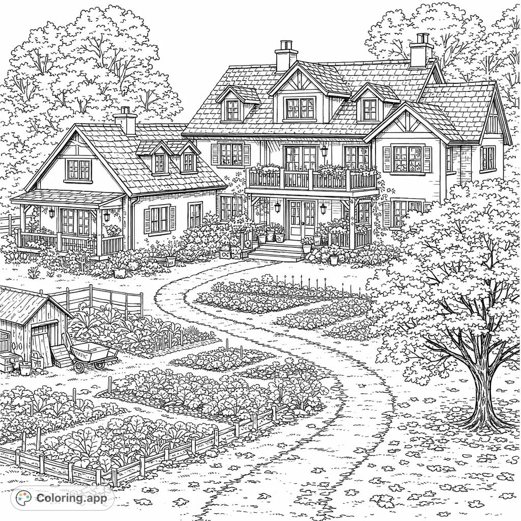 An intricately detailed grand manor house with gabled roofs and charming balconies, set amidst expansive, cultivated gardens featuring a winding path and abundant trees.