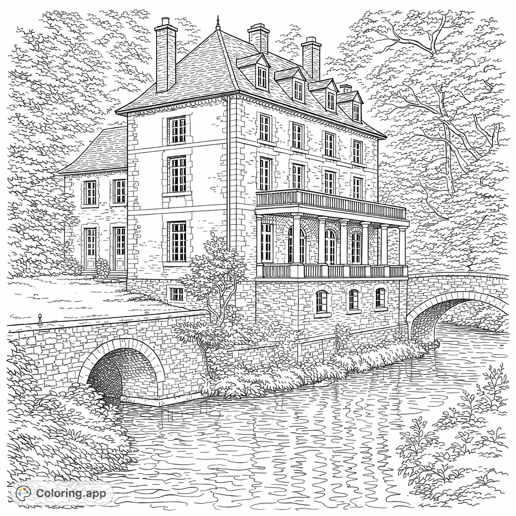 An intricate chateau coloring page set beside a serene river with a stone arch bridge and surrounded by dense foliage. A detailed architectural scene awaits your creative touch.