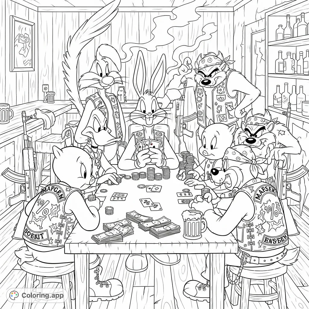 Bugs, Daffy, and friends as tough biker club members playing high-stakes poker in a gritty bar, surrounded by cash and weaponry. A unique, detailed scene.