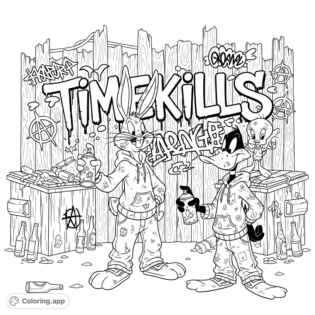 Bugs, Daffy, and Tweety unleash their inner street artists, spraying "timekills" on a wooden fence. A fun Looney Tunes graffiti coloring page!