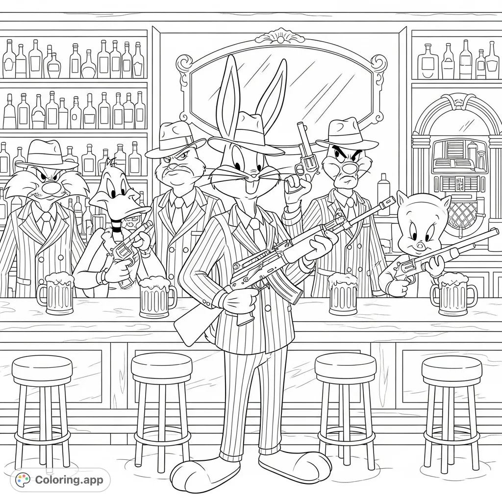 Iconic Looney Tunes characters reimagined as stern Mafia figures, armed with firearms in a dimly lit bar. A unique, detailed coloring page for fans.