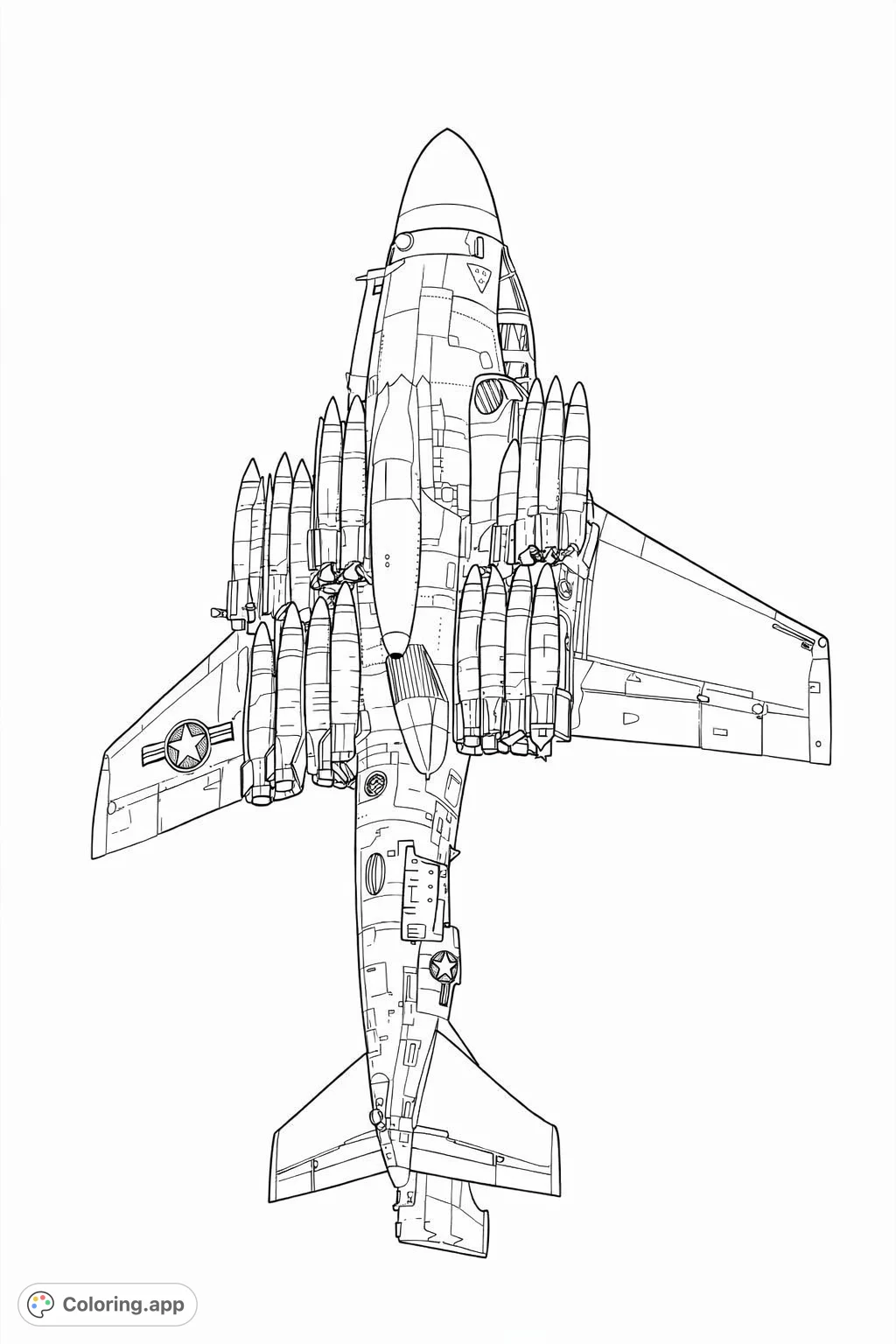 Soar to new heights with this intricate military jet coloring page! Featuring a detailed aircraft laden with payloads against an open sky, perfect for aviation enthusiasts.