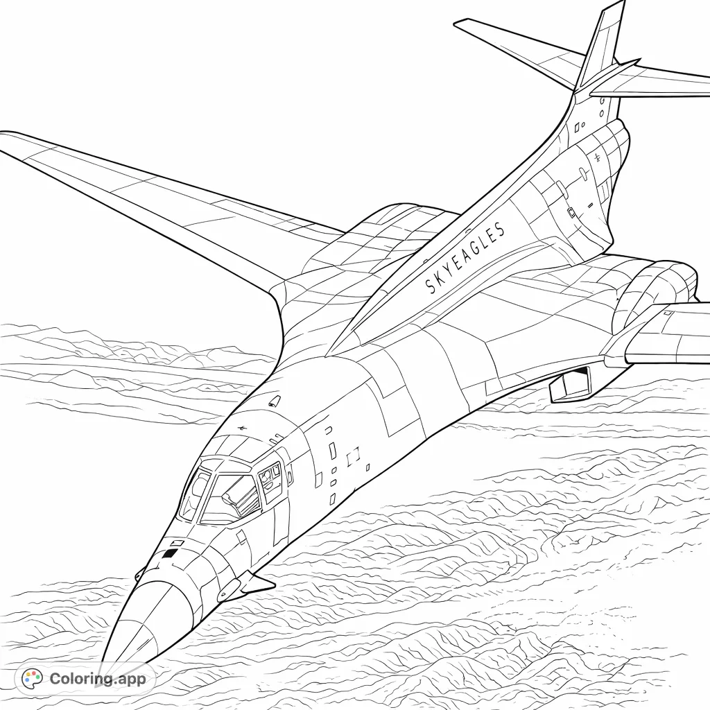 Experience the power of flight with this detailed military aircraft coloring page, showcasing a jet soaring over a rugged, expansive landscape. Perfect for aviation enthusiasts!