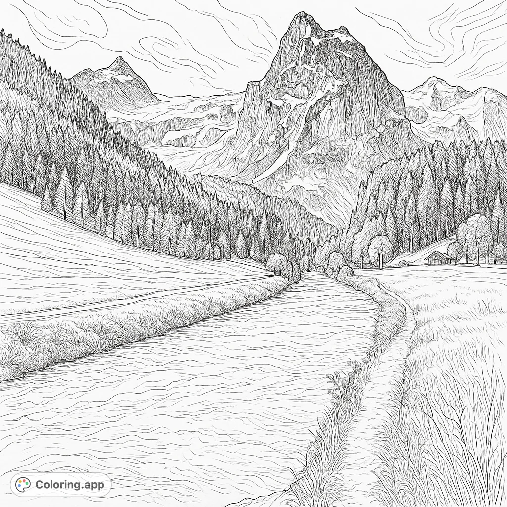 Explore a majestic mountain river valley, where towering peaks meet serene waters and lush forests. A dreamlike landscape awaits your creative touch.