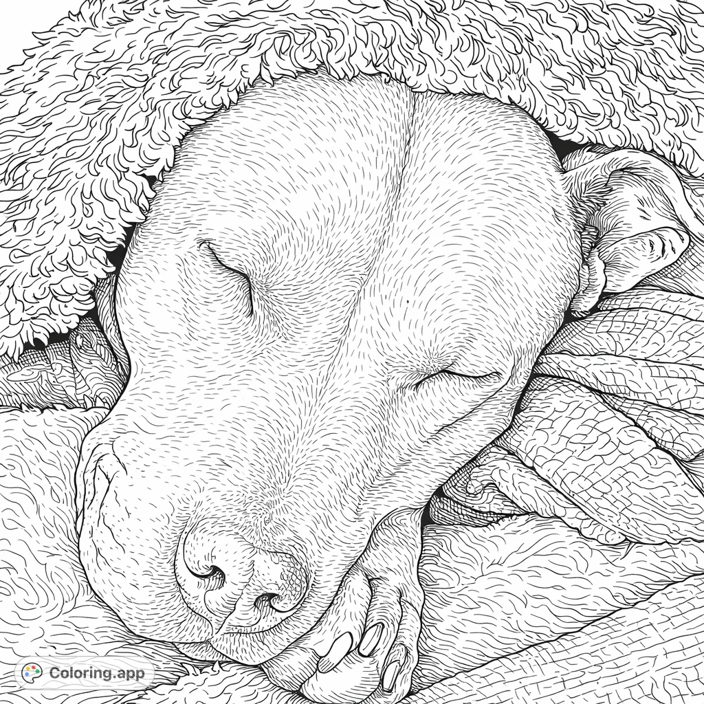 Relax into tranquility with this intricate sleeping dog coloring page. A detailed depiction of a peaceful canine nestled in soft, textured blankets, perfect for mindful coloring.