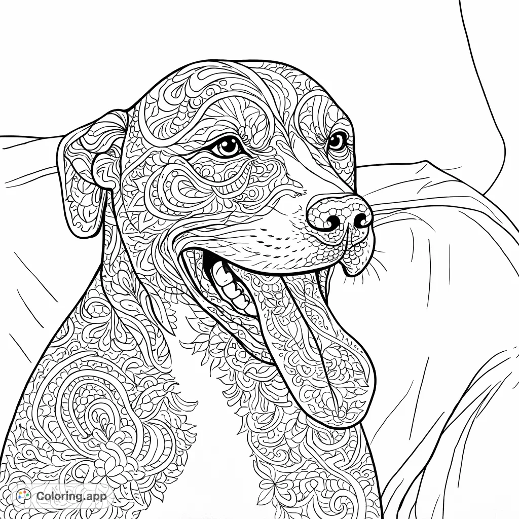 An intricate coloring page featuring a playful dog with its tongue out, ready for a burst of creative expression and detailed shading opportunities.