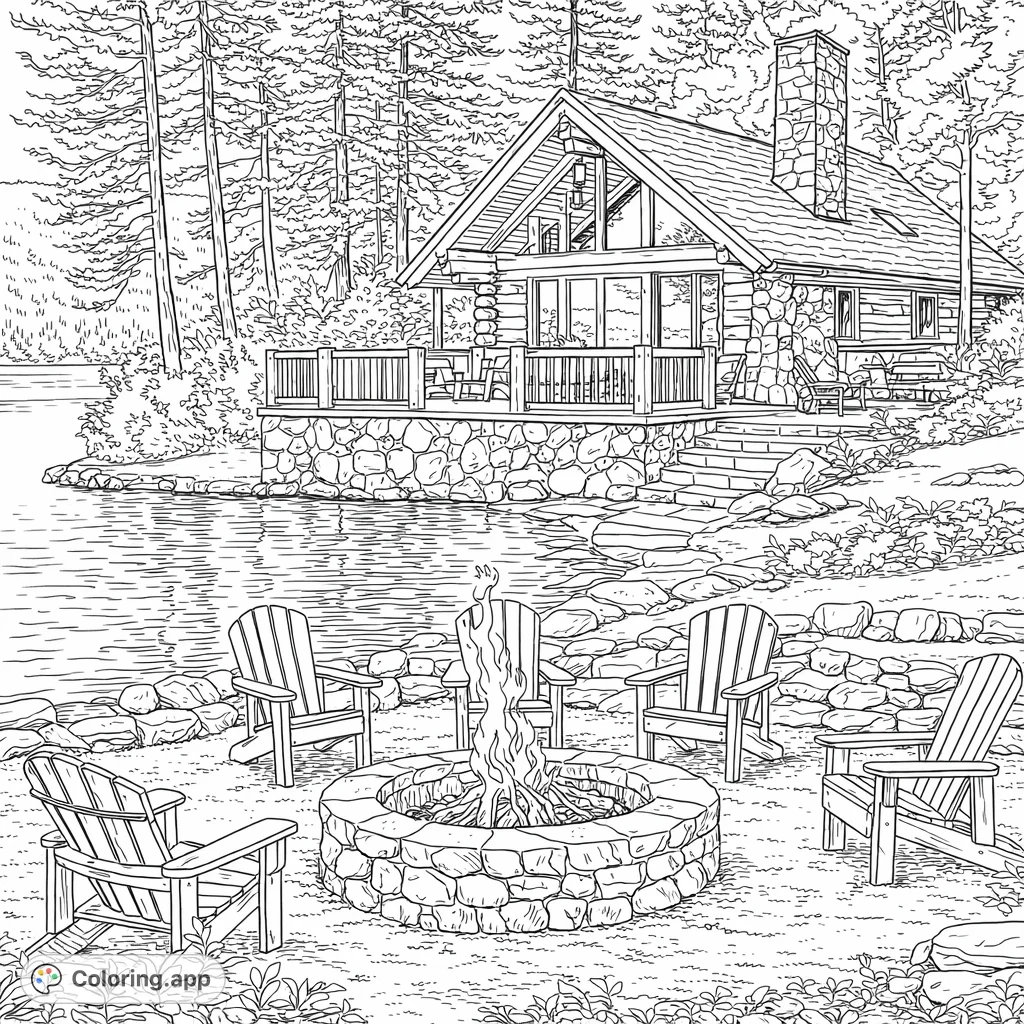 Escape to a serene lakeside retreat featuring a charming log cabin, a warm fire pit surrounded by Adirondack chairs, and tranquil nature. A perfect realistic coloring page.