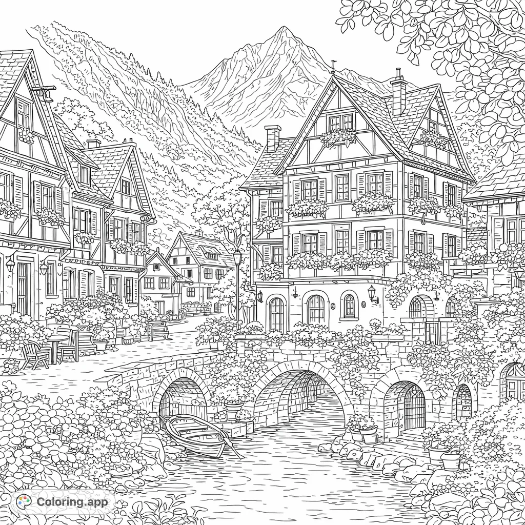 Explore a charming European village with half-timbered houses, a stone bridge over a river, and lush flowers against a backdrop of towering mountains.