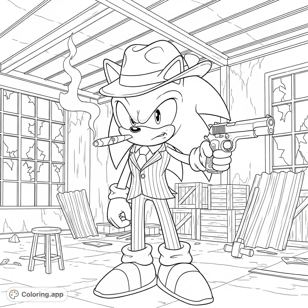 An intense Sonic the Hedgehog, clad in a pinstripe suit and fedora, aims a 1911 pistol in a gritty, abandoned warehouse. A unique, action-packed coloring page.