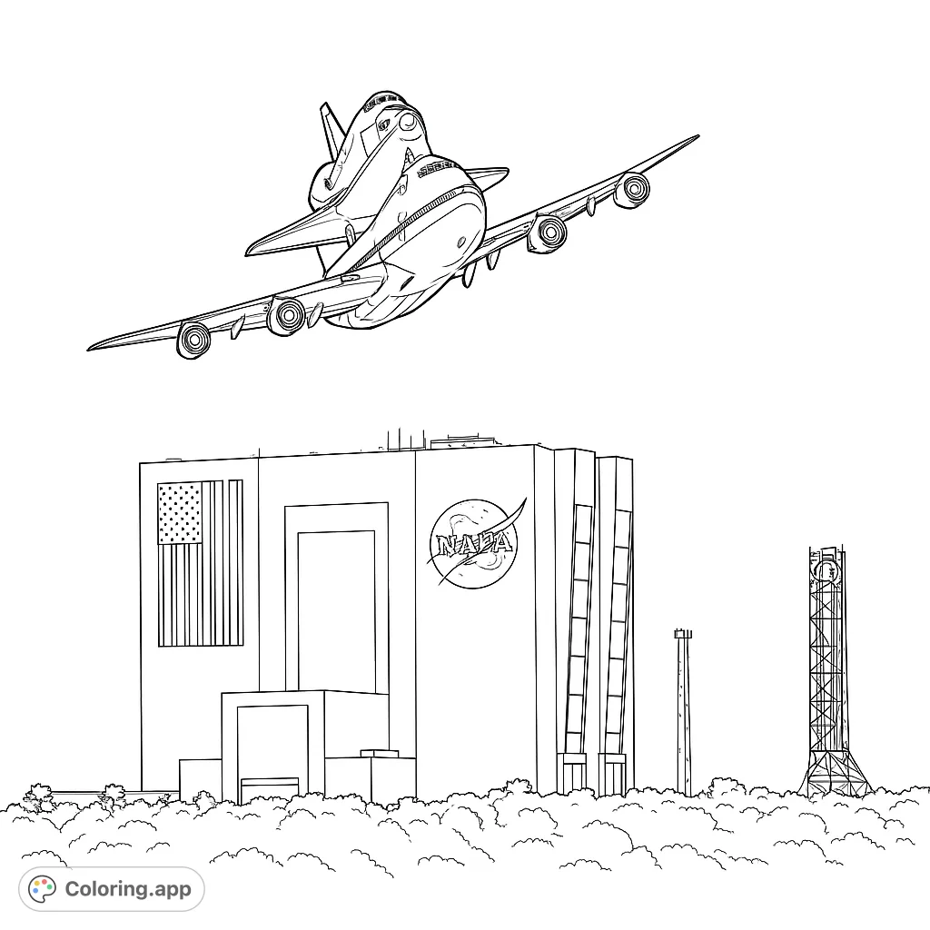 An intricate space shuttle carrier aircraft soars above a prominent launch facility, featuring detailed structures, an American flag, and a tall launch tower. Perfect for aviation and space enthusiasts!