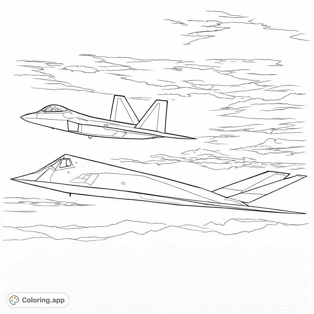 An intricate military aircraft coloring page featuring two advanced fighter jets in a detailed formation against a cloud-filled sky and distant horizon. Perfect for aviation enthusiasts.