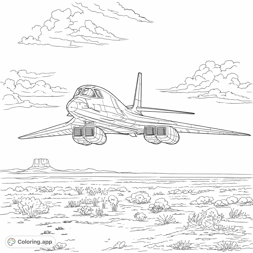 An intricate coloring page featuring a powerful supersonic bomber jet soaring over a detailed desert landscape with a distant mesa and dynamic cloud formations.