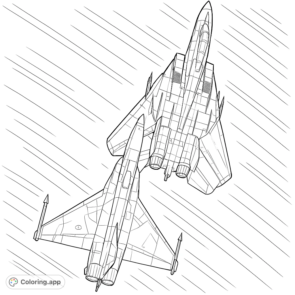 Experience the thrill of aviation with this detailed fighter jet coloring page. Two powerful aircraft in a dynamic flight, offering intricate details for a challenging coloring experience.