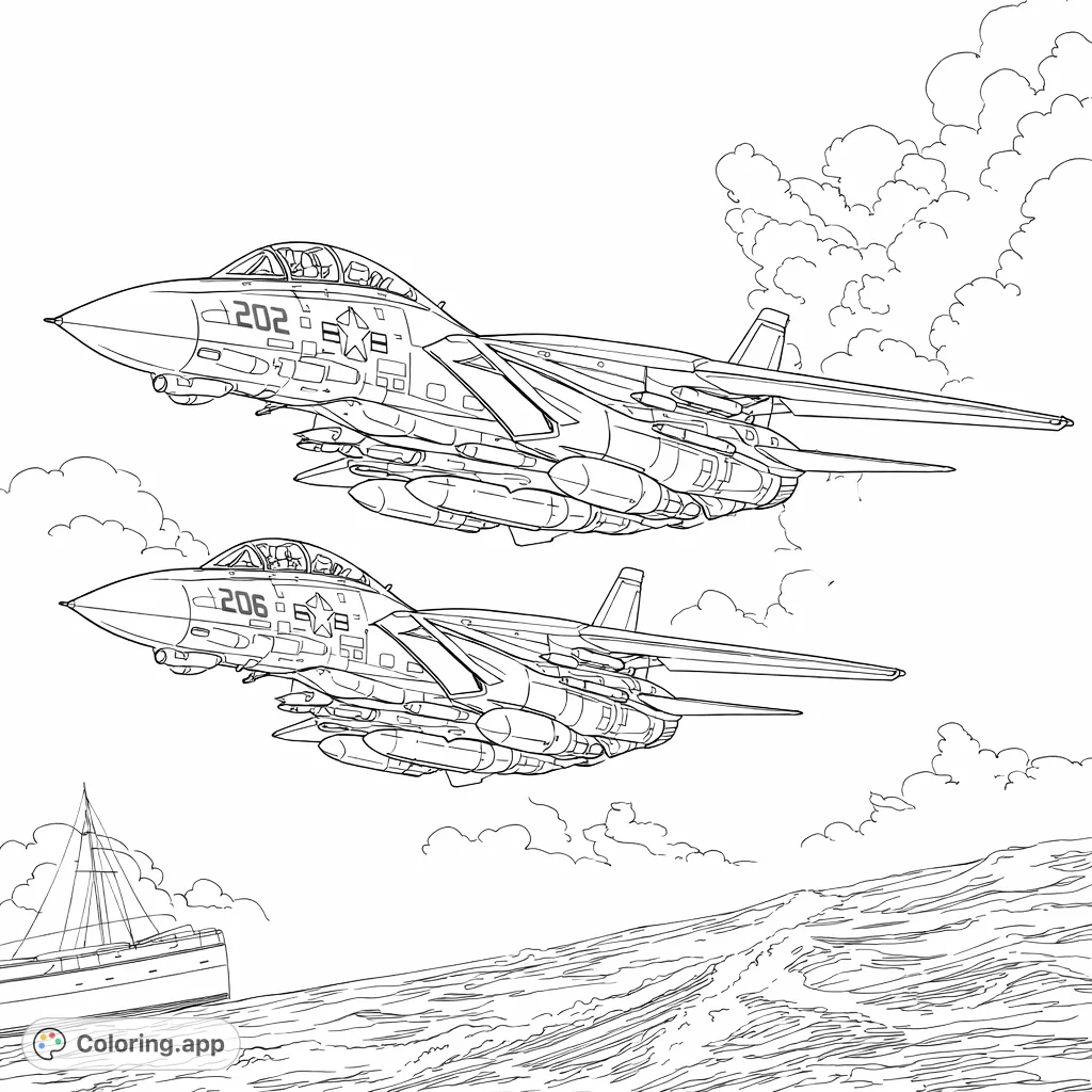 Two powerful fighter jets soar above a stormy ocean and a distant boat. Detailed aircraft and dramatic scenery offer an exciting coloring challenge.