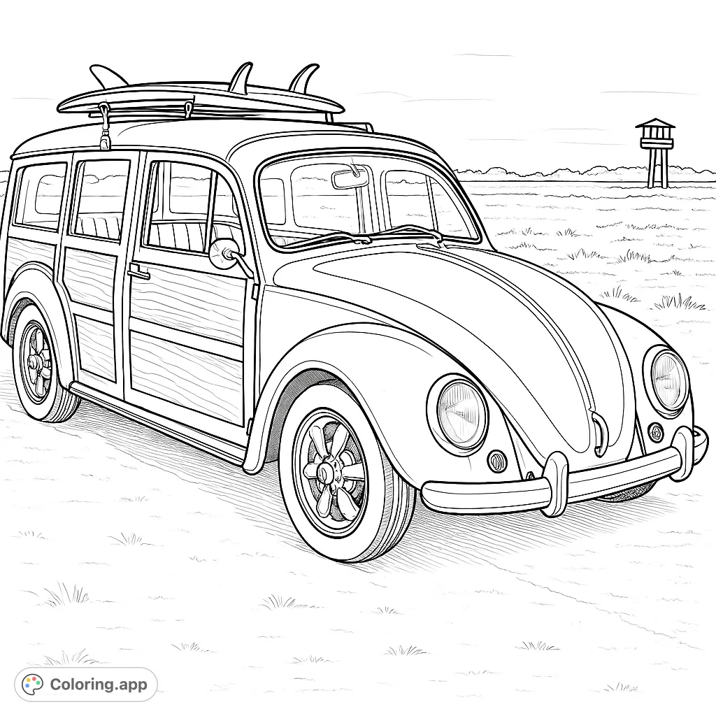 A retro woodie wagon with surfboards on its roof, parked by a sandy beach. An intricate design for a relaxing coloring experience.