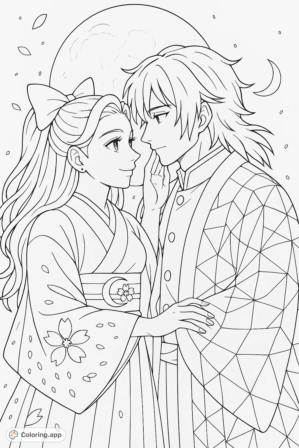Capture a tender moment between an anime couple under a full moon. Features traditional attire, falling petals, and a starry night sky.