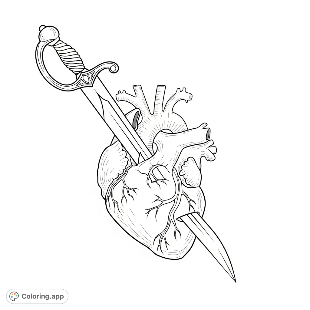 A striking anatomical heart pierced by a scimitar sword. Intricate details of chambers, vessels, and the curved blade offer a challenging coloring experience.