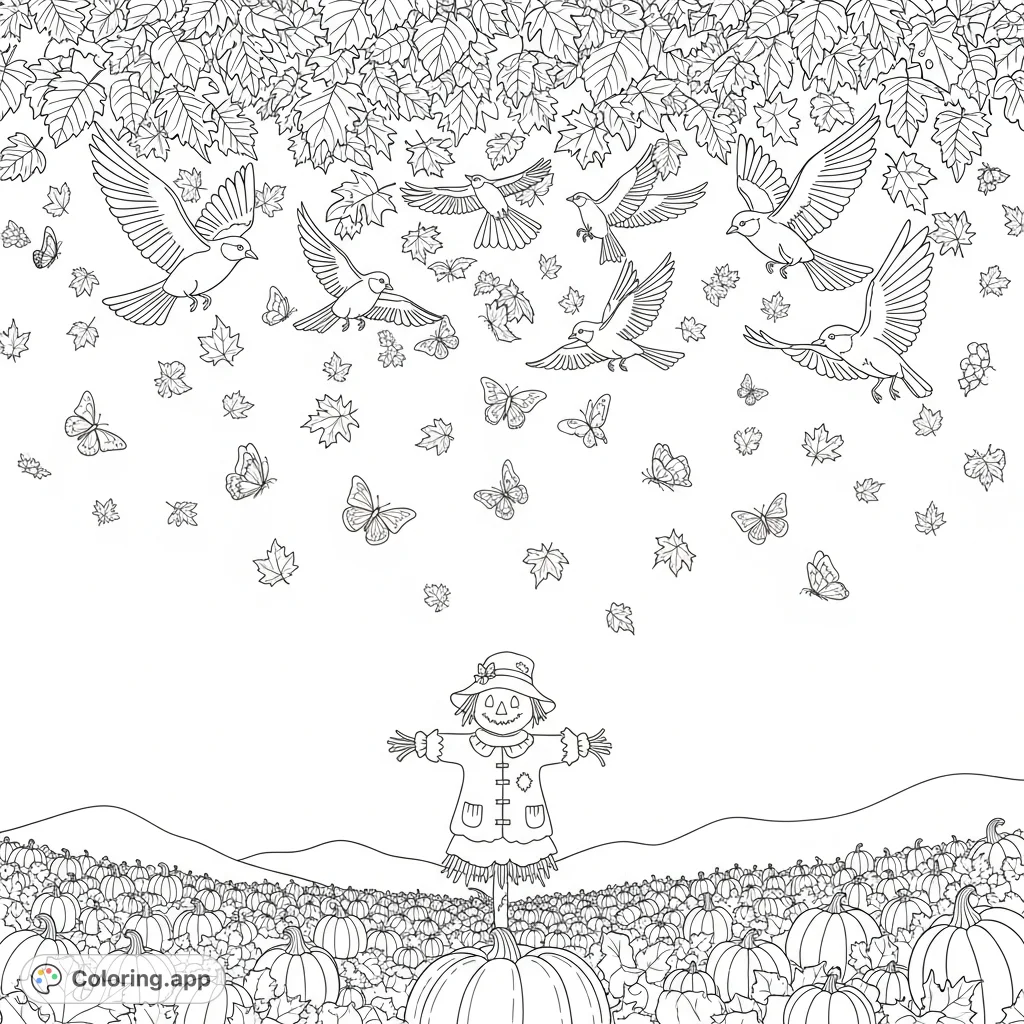 A charming autumn scene with birds, butterflies, and intricate fall leaves swirling above a peaceful pumpkin patch and a friendly scarecrow. Perfect for seasonal coloring.