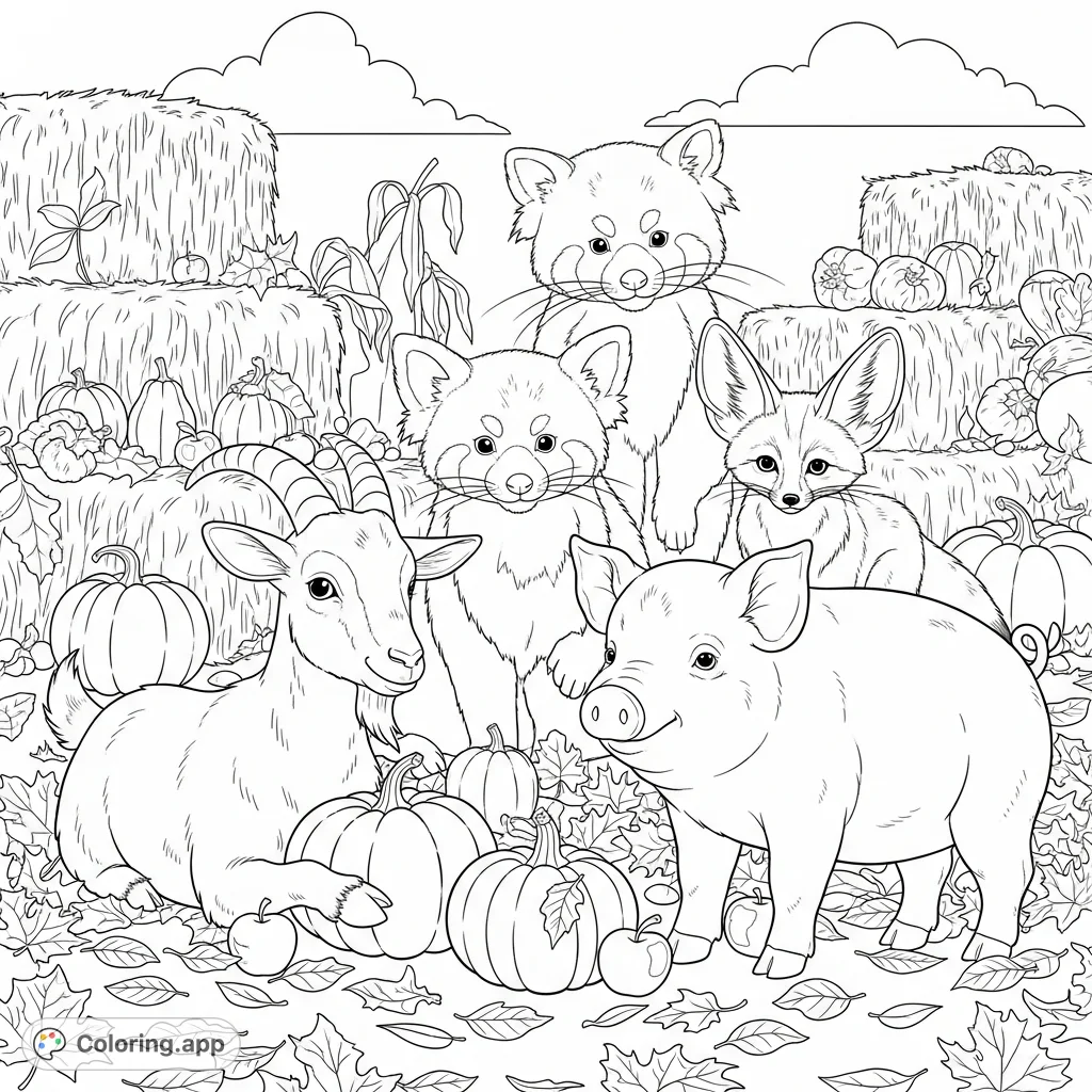 A heartwarming autumn scene at an animal sanctuary, where farm animals and zoo animals share harvest treats amidst fall leaves and hay bales.