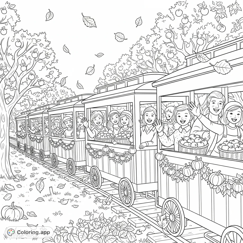 Embark on a delightful journey through an autumn apple orchard aboard a charming old-fashioned train, filled with happy families and fall decorations.