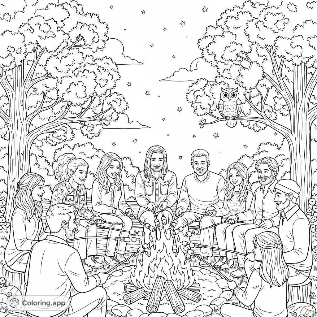 A heartwarming autumn evening scene with friends and family roasting marshmallows around a crackling bonfire, surrounded by fall trees and a starry night sky.